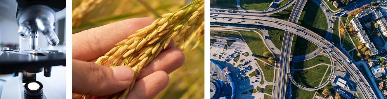 croscope, hand holding grain, and aerial highway interchange representing science, agriculture, and infrastructure.
