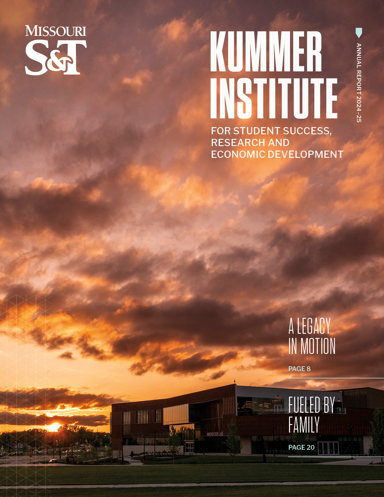 Missouri S&T Kummer Institute annual report cover with modern building at sunset and bold title text.
