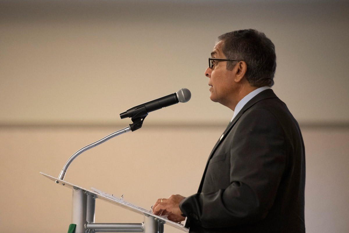 Chancellor Mo Dehghani speaks during the Kummer Day kick-off