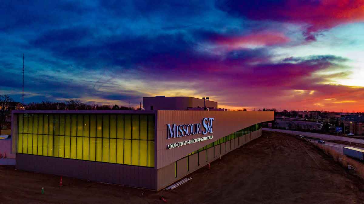An aerial photo shows construction of the Missouri Protoplex on the Missouri University of Science and Technology campus.