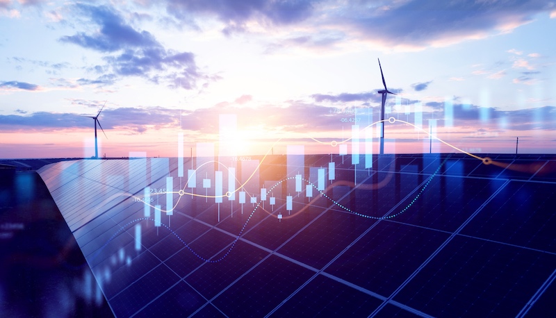 olar panels and wind turbines at sunrise with data trends.