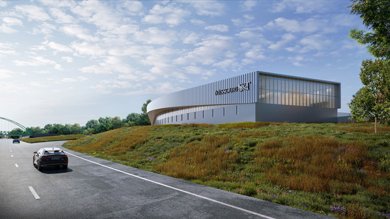 artistic rendering of the protoplex building with grass in the foreground